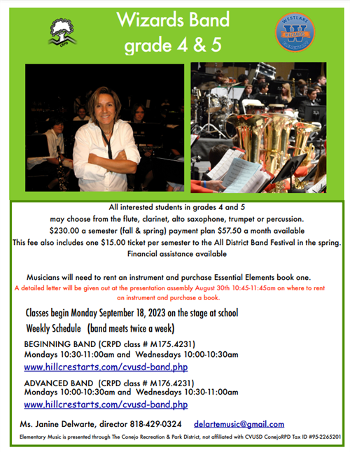 All interested students in 4th and 5th grade may choose from the flute, clarinet, alto saxophone, trumpet or percussion.